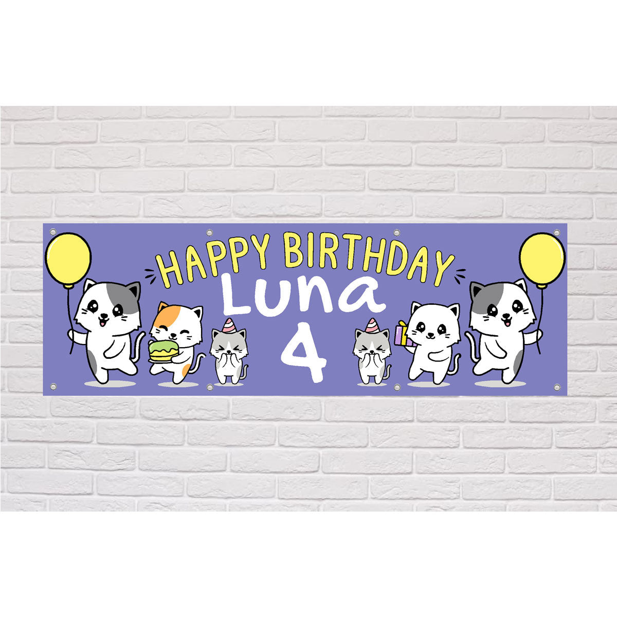 Personalised Happy Birthday Cats Purple Birthday Banner | The Sign Shed