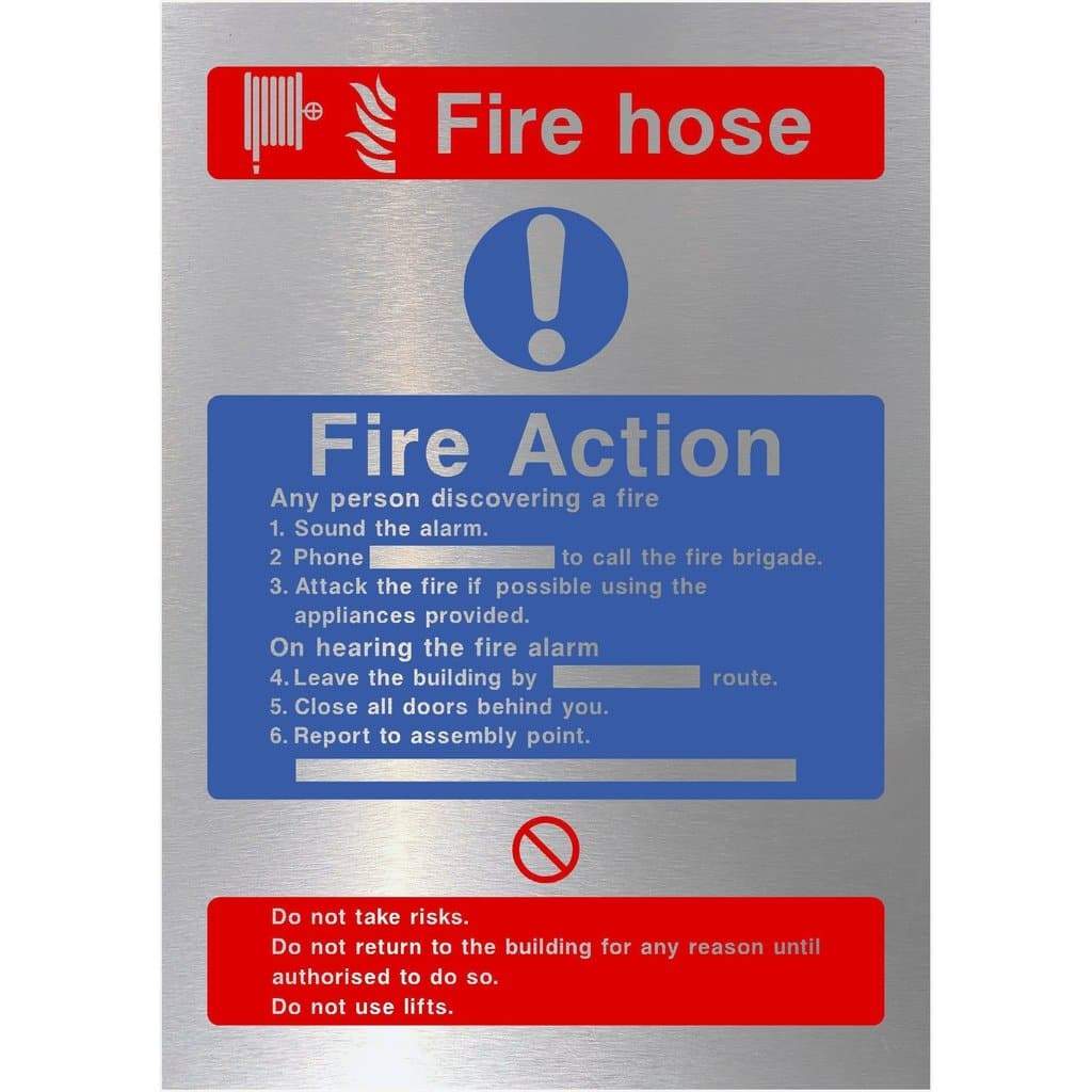 Fire Action Fire Hose Sign in Brushed Silver - The Sign Shed
