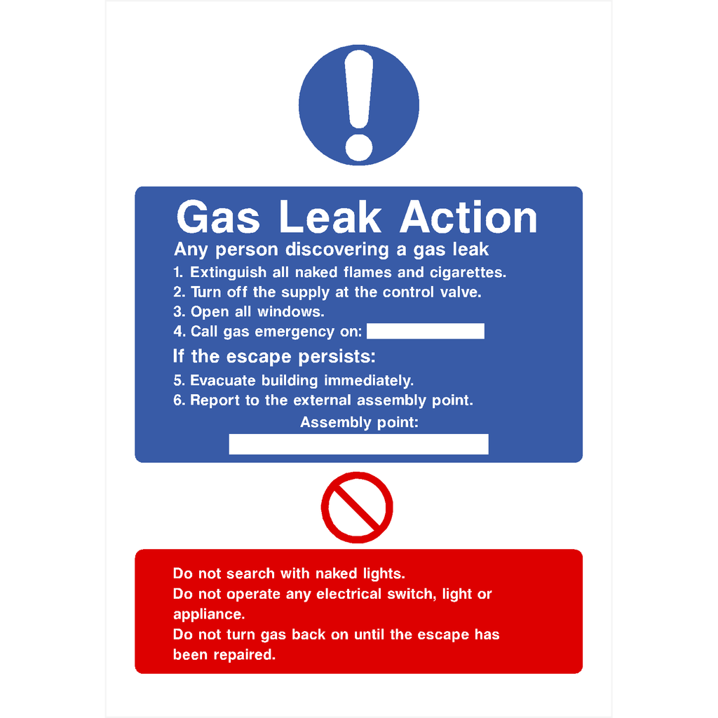 Fire Action Gas Leak Sign - The Sign Shed