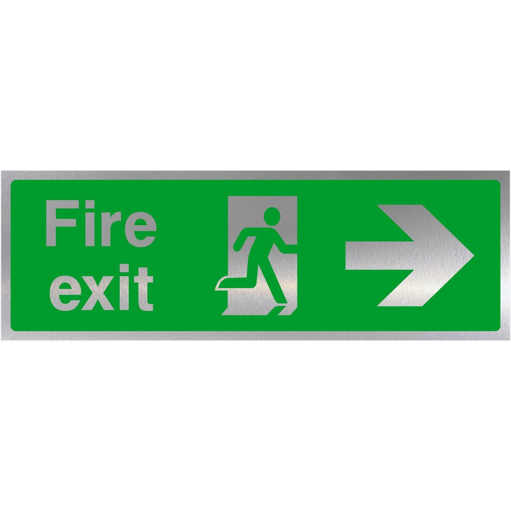 Fire Exit Right Arrow Brushed Silver Sign - The Sign Shed