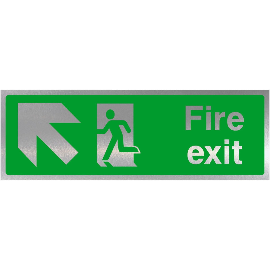 Fire Exit Up Left Arrow Brushed Silver Sign - The Sign Shed
