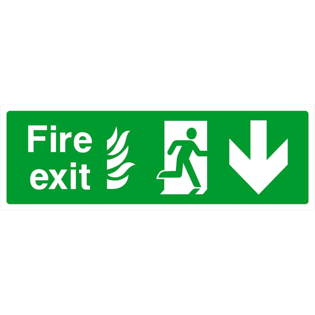 Fire Exit With Flames Sign Down Arrow - The Sign Shed