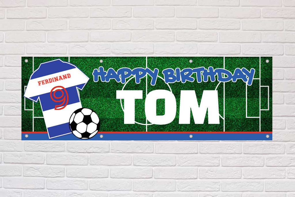 Personalised Birthday Banner | White and Royal Blue Hoops - The Sign Shed