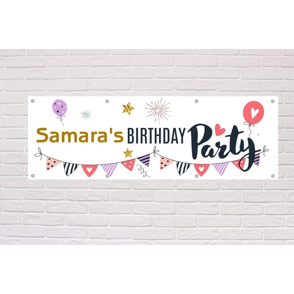 Personalised Birthday Party Banner | Bunting & Pink Balloon style - The Sign Shed