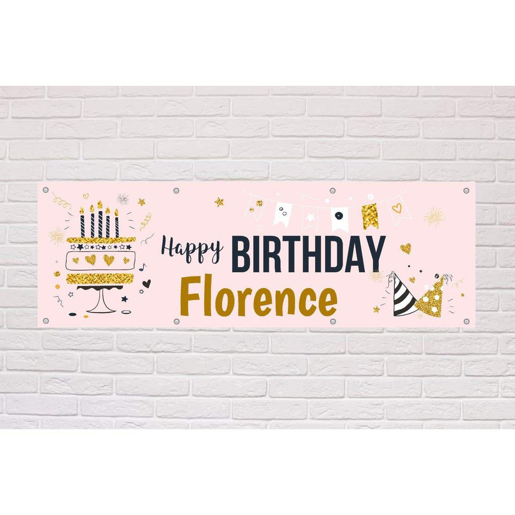 Personalised Happy Birthday Banner | Gold Party Cake style - The Sign Shed
