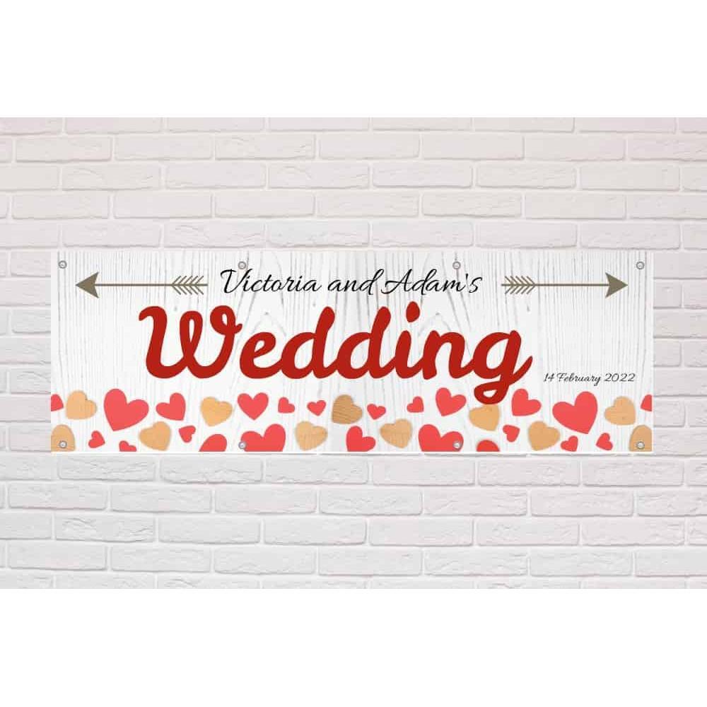 Personalised Wedding Banner | Wooden Hearts Theme - The Sign Shed
