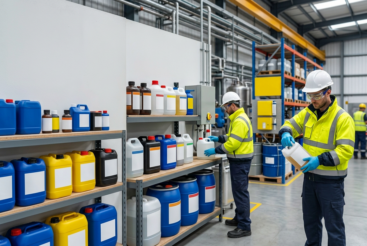 chemicals stored on shelf in work area
