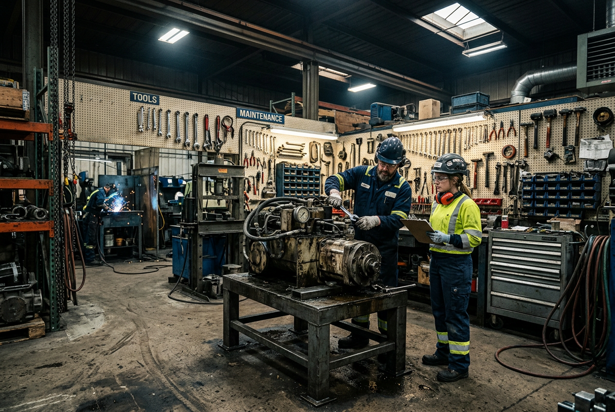 Workers in an industrial maintenance workshop