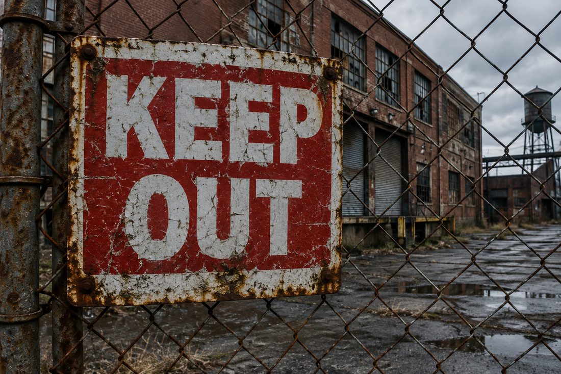 keep out sign on old mesh fence