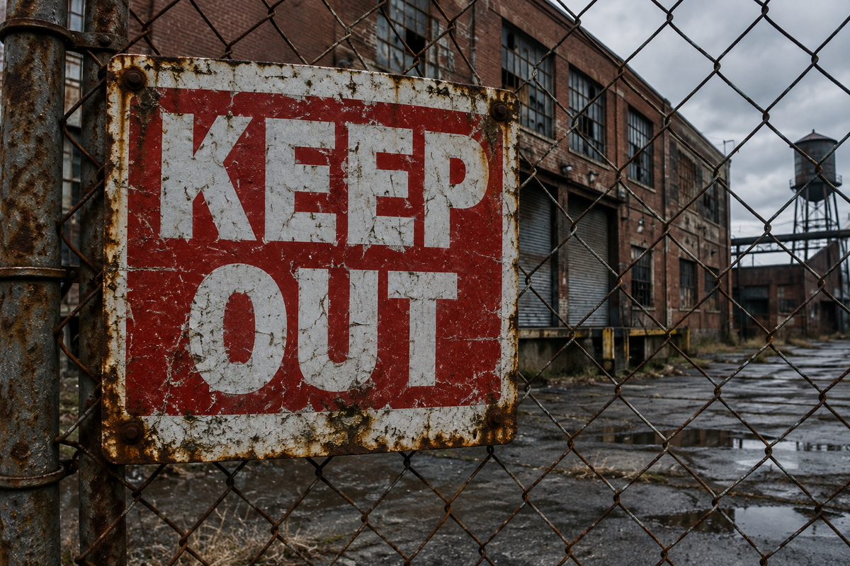 keep out sign on old mesh fence