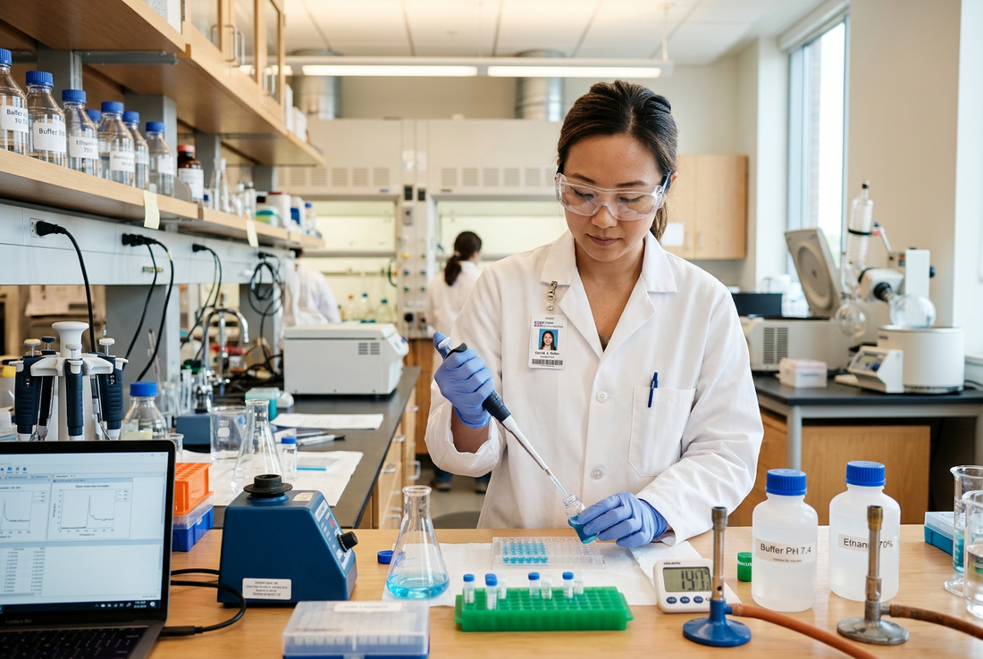 laboratory worker wearing eye protection