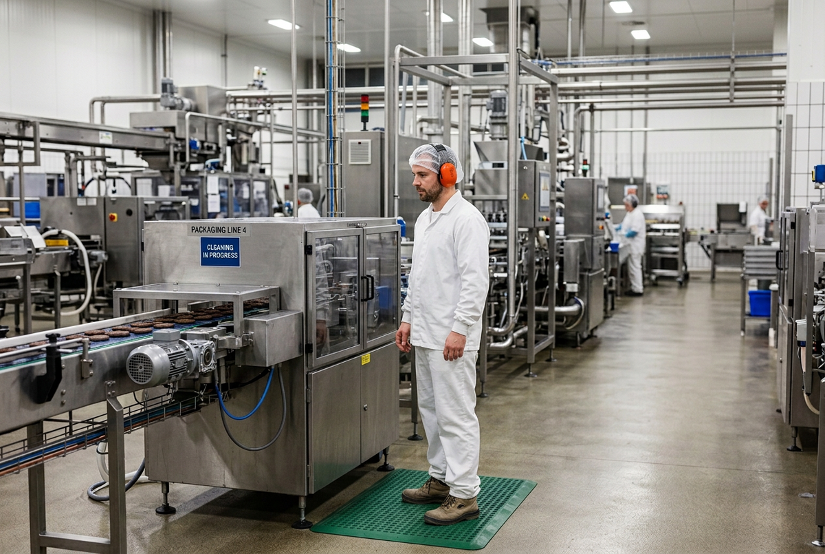 worker in food production area wearing ear defenders