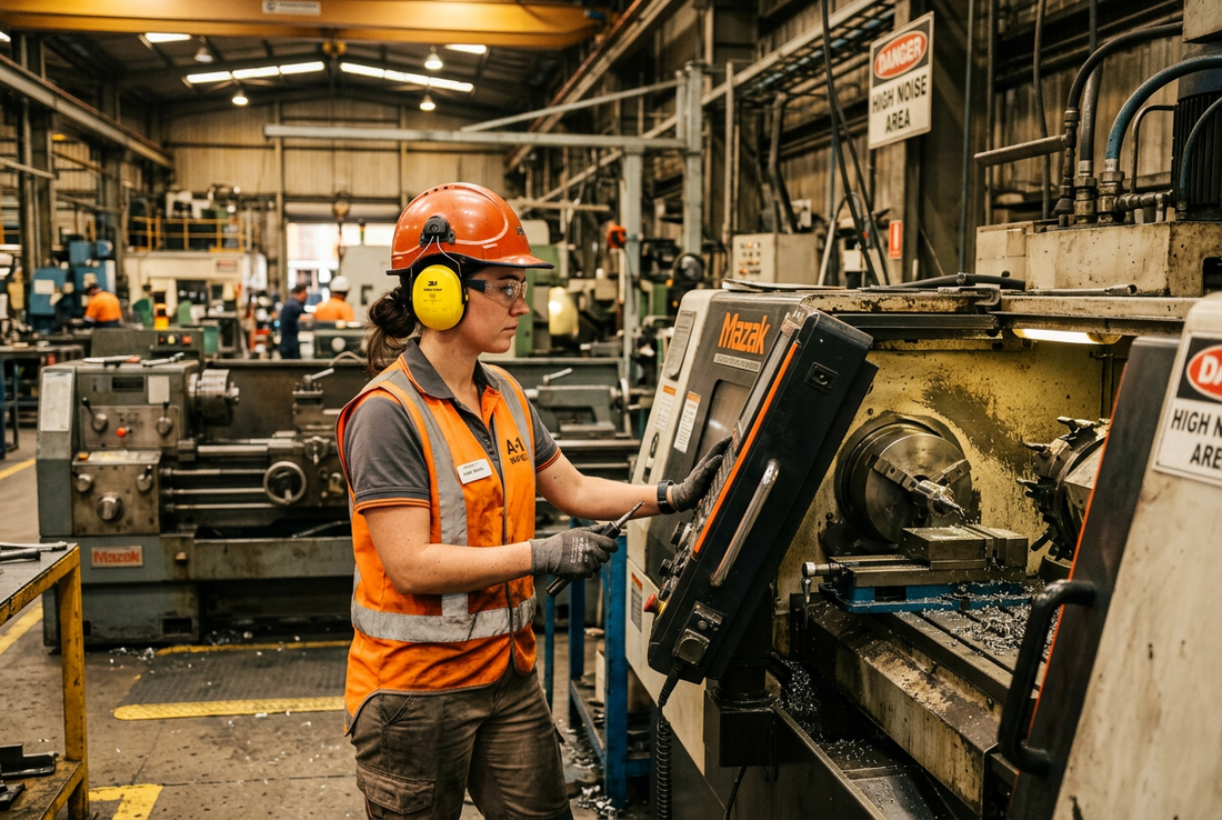 manufacturing plant worker wearing ear defenders