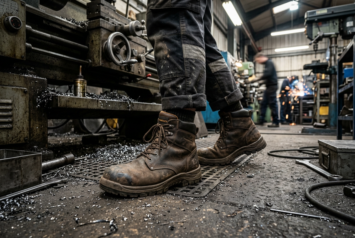 safety footwear being worn in an engineering workshop