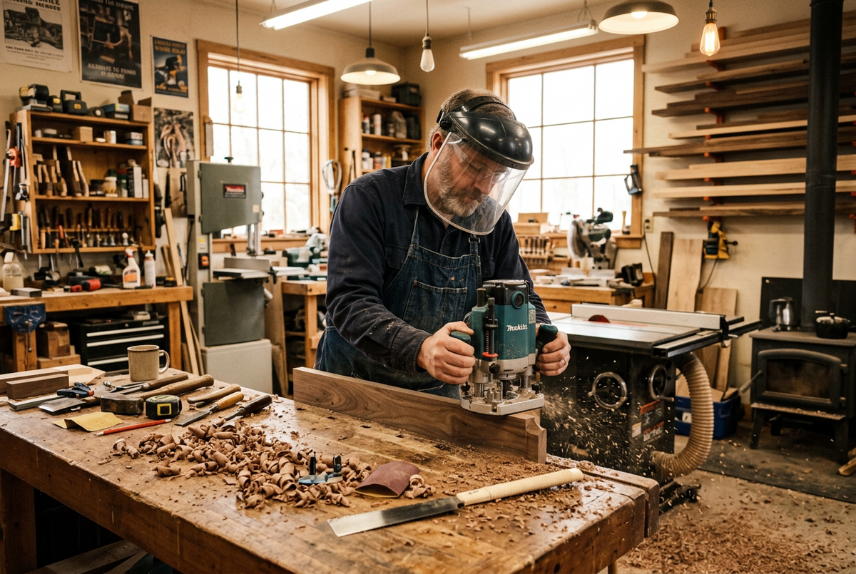 Face protector worn by a woodworker