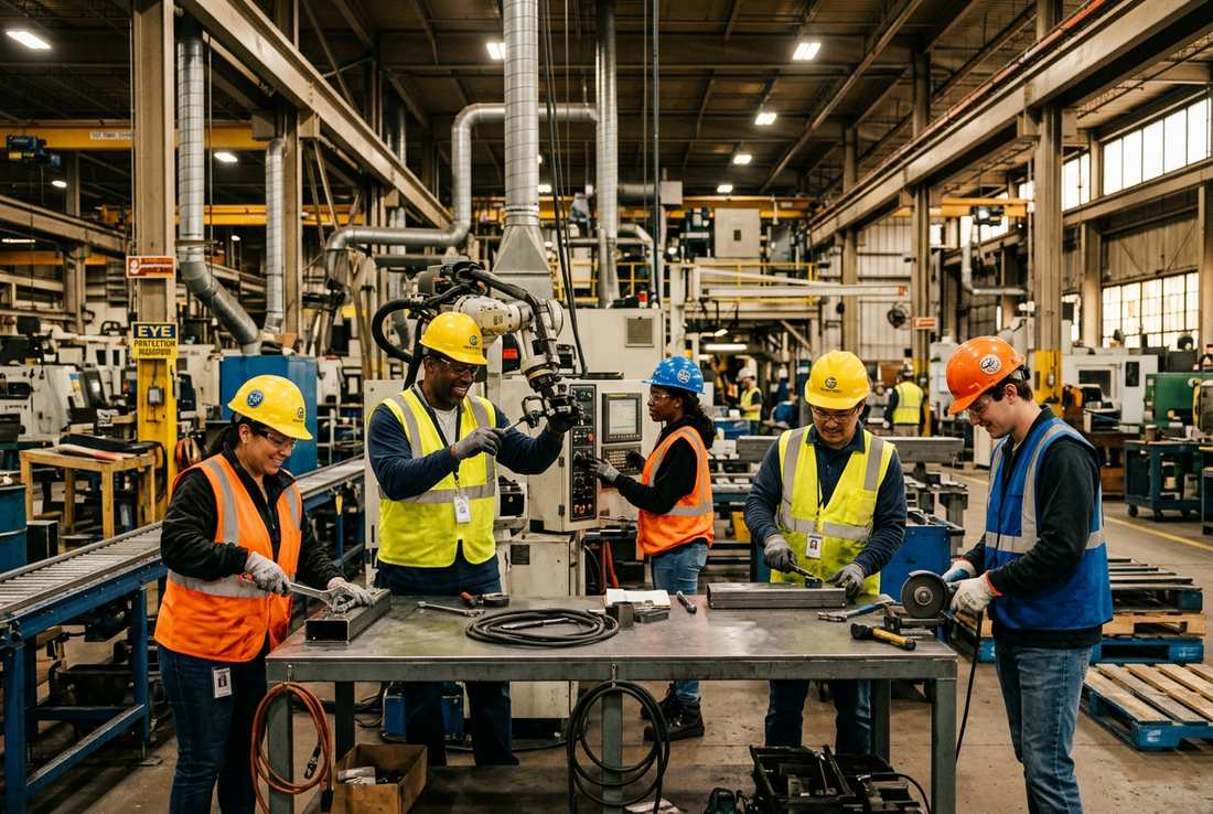 workers in a factory wearing hard hats