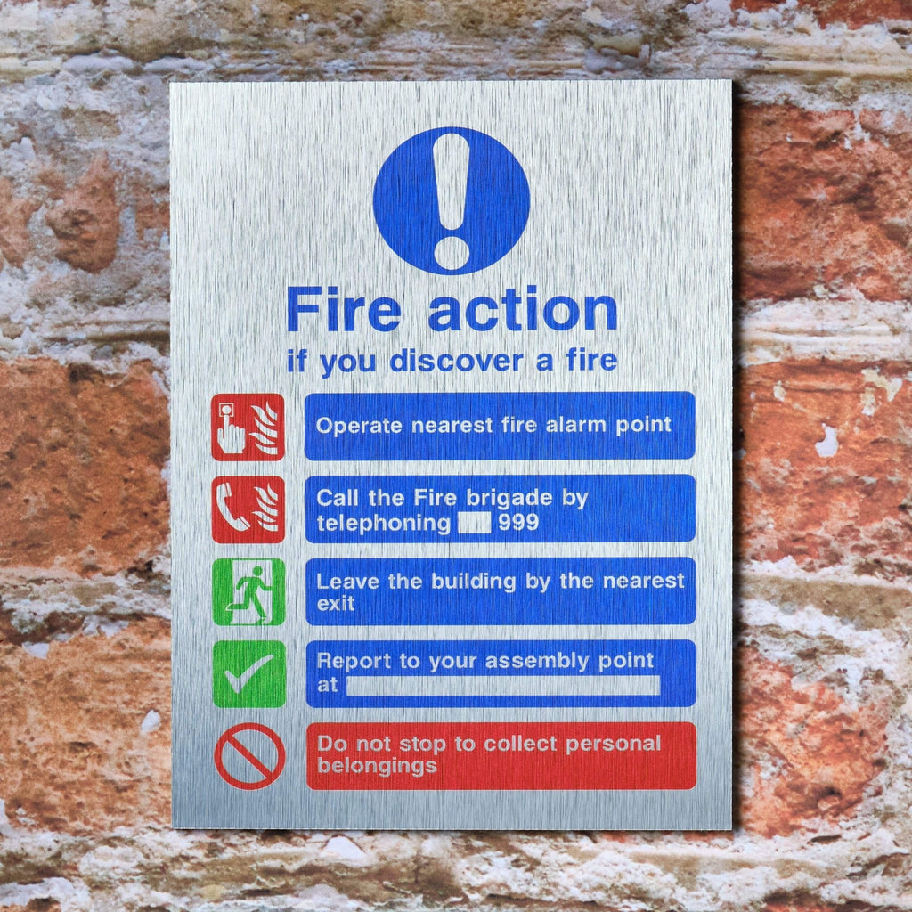 Brushed Aluminium Fire Action Signs - The Sign Shed