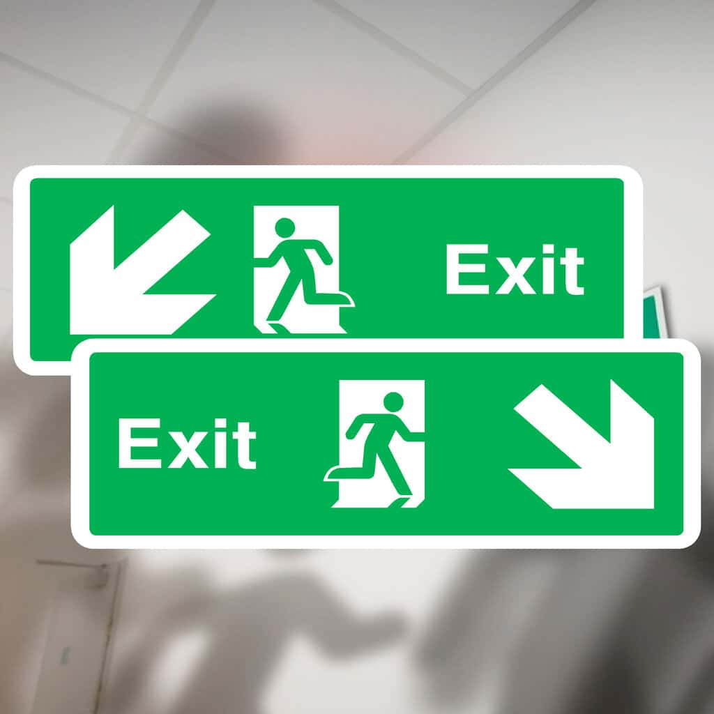 Exit Double Sided Fire Exit Sign Down Left & Down Right Arrows - The Sign Shed