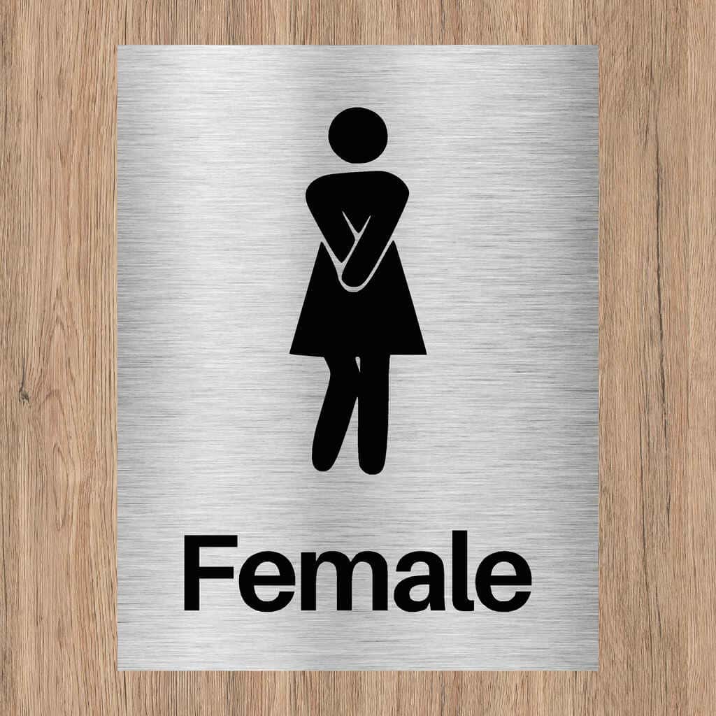 Female Toilet Comic Sign – Brushed Silver Door Sign – The Sign Shed