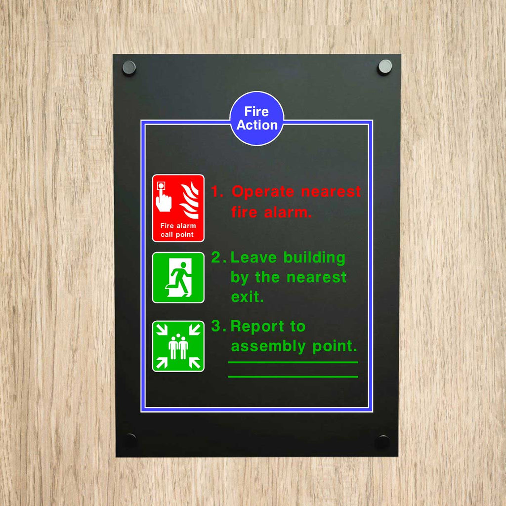 Fire Action Sign 3 Point Black Matt