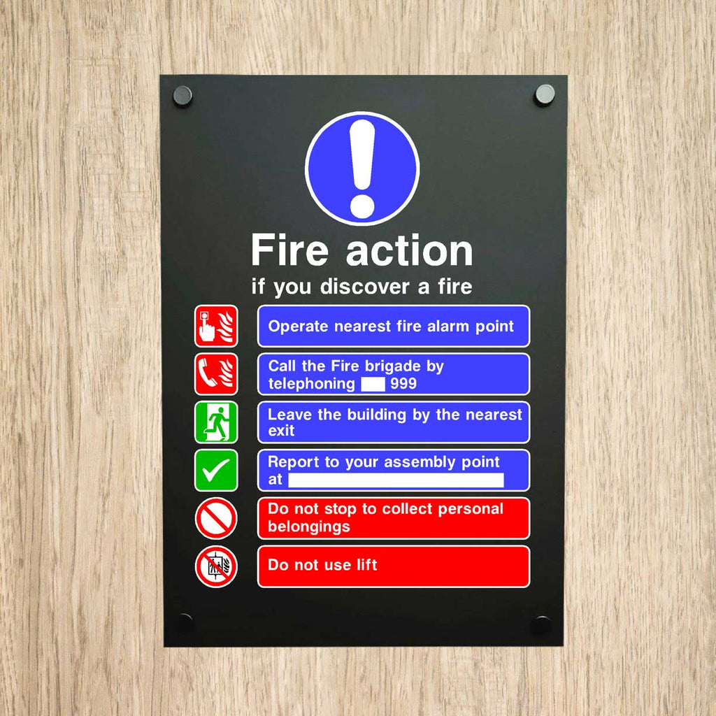 Midnight Black Perspex Fire Action Signs — Stylish & Compliant