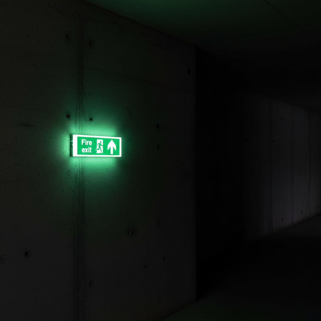 Fire Exit Sign glowing on wall in dark corridor
