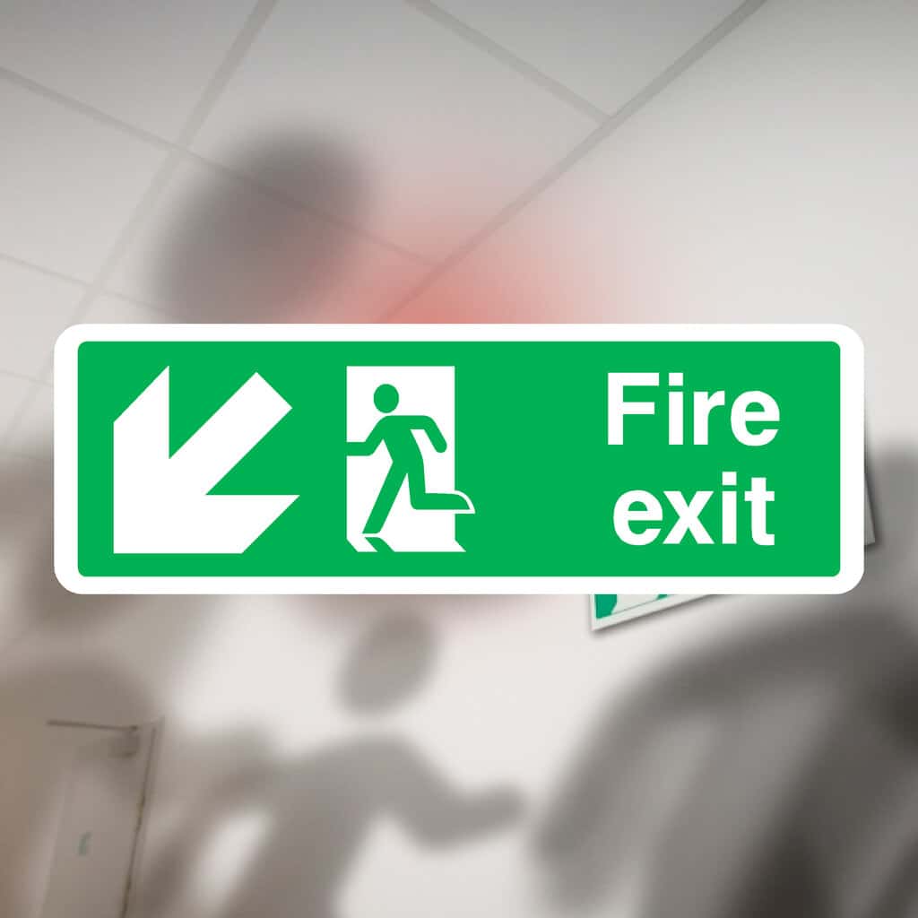Fire Exit Sign Left Down Arrow - The Sign Shed