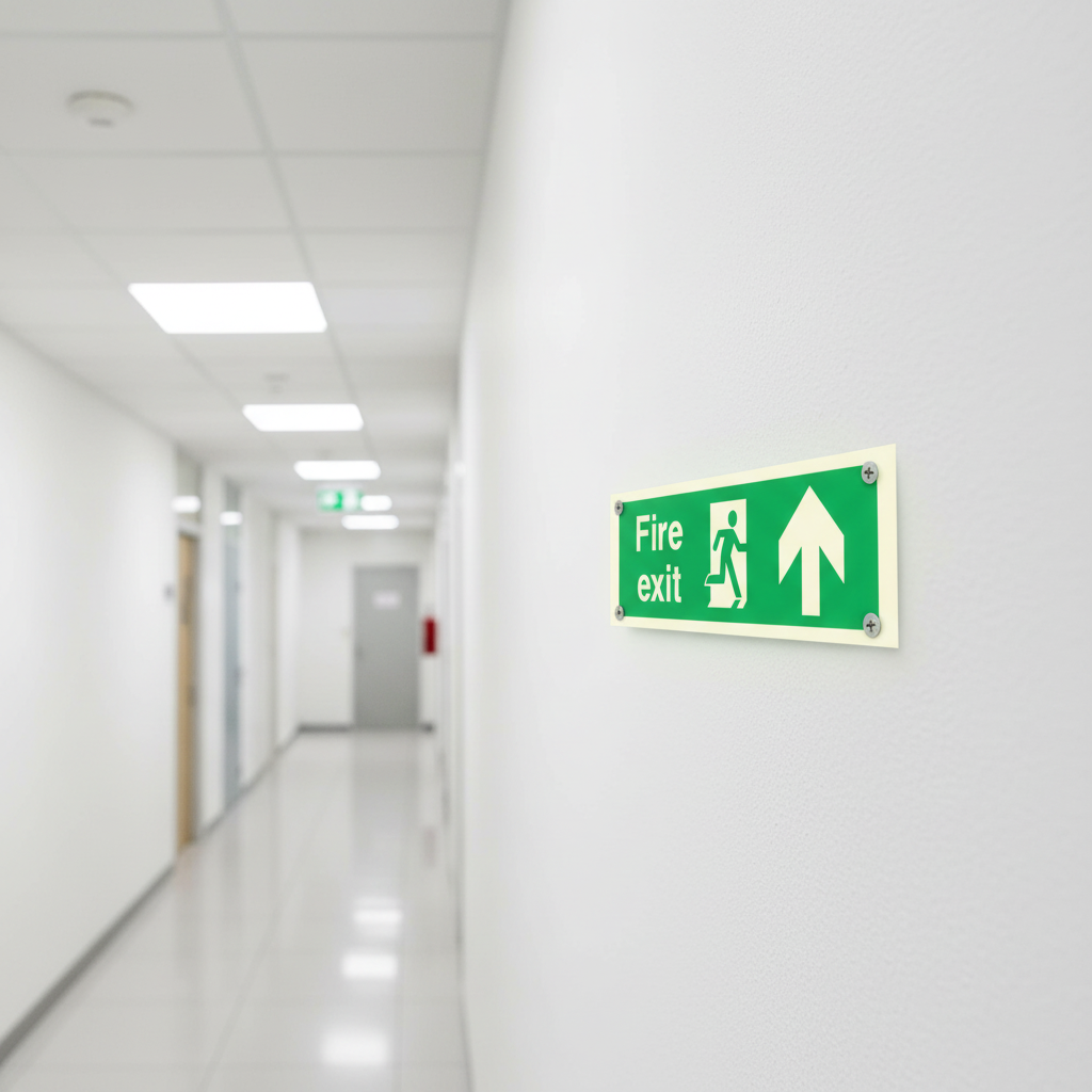 Fire Exit Sign on wall in lit corridor
