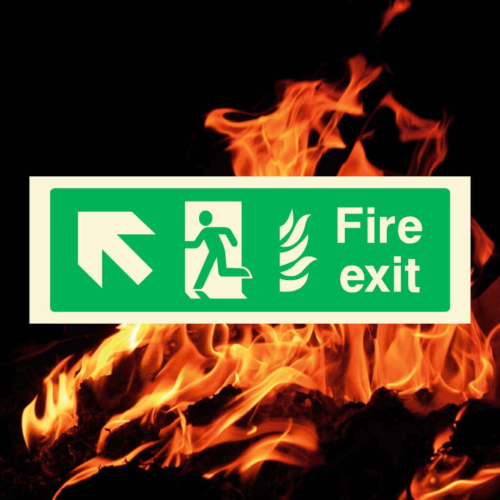Fire Exit With Flames Sign Forward Left Arrow - The Sign Shed