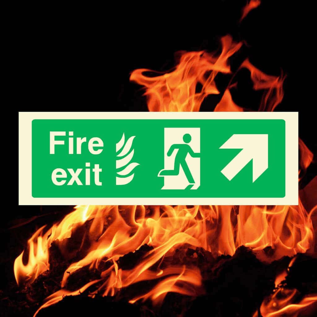 Plus Sign On Fire Fire Exit Flames → Sign – HSE‑Compliant UK Escape Arrow