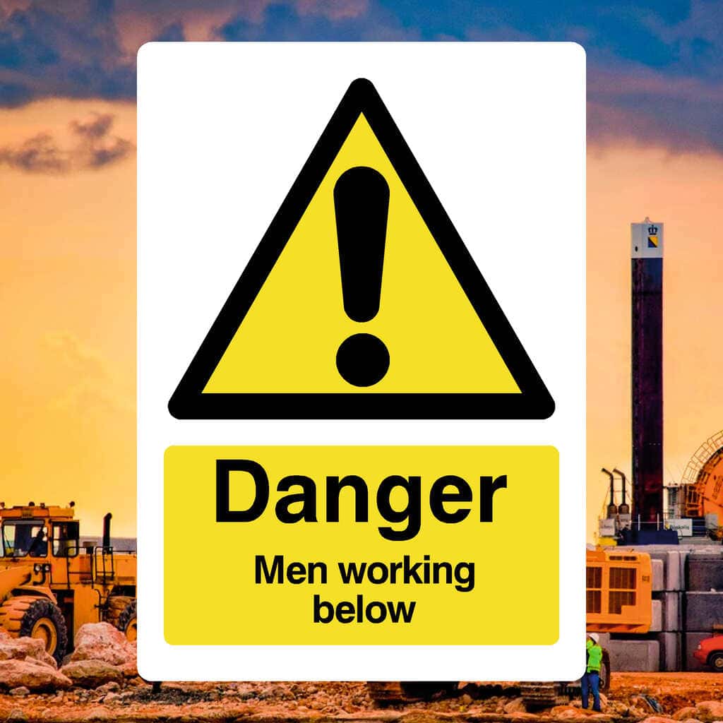 Men Working Below sign – UK hazard warning