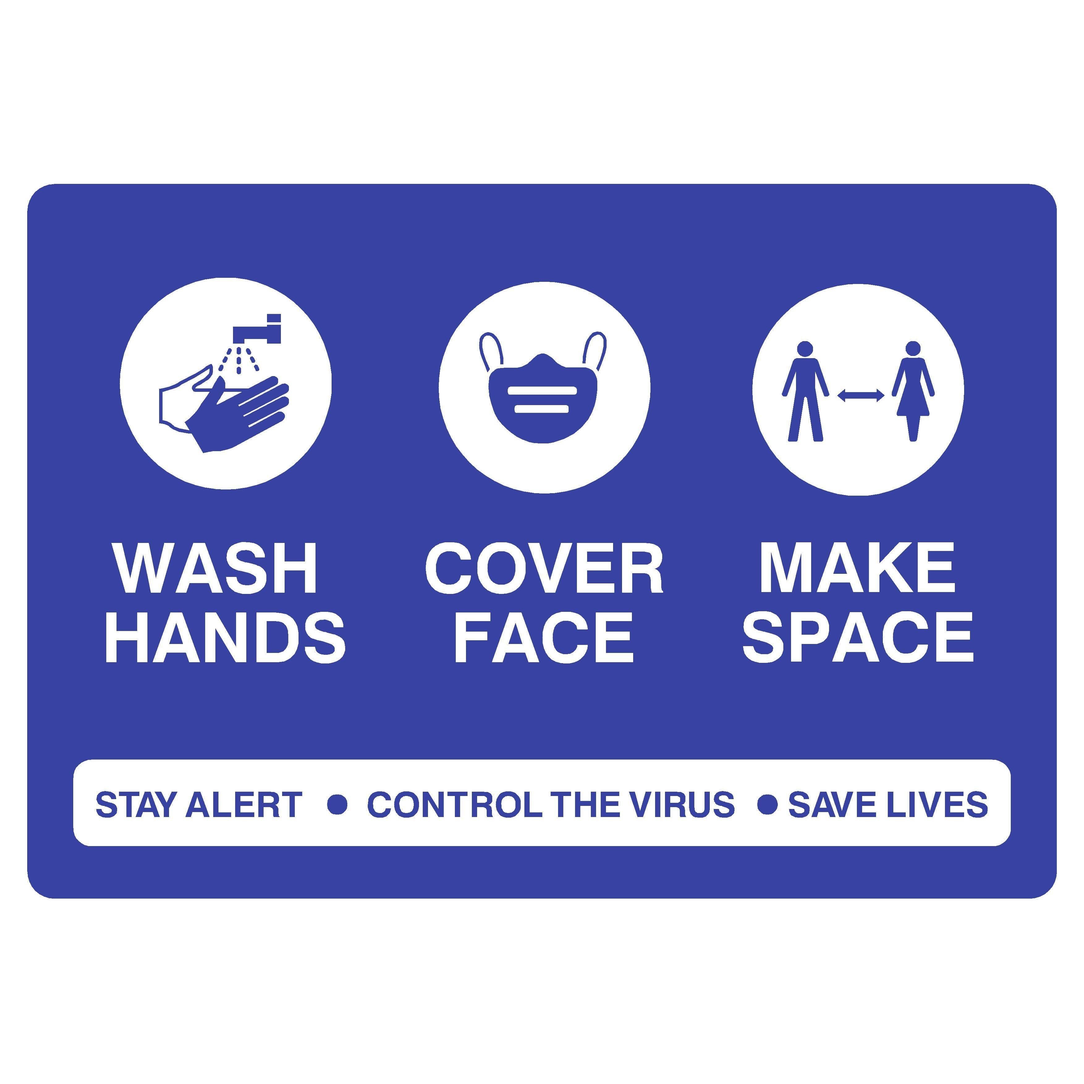 Control The Virus Hands Face Space Sign Landscape-200 x 150 mm-Self adhesive vinyl sticker-No fixings-The Sign Shed