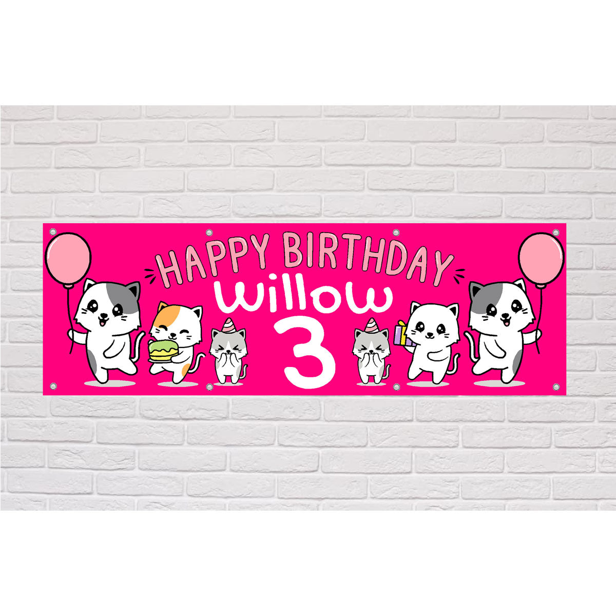 Personalised Happy Birthday Cats Pink Birthday Banner | The Sign Shed