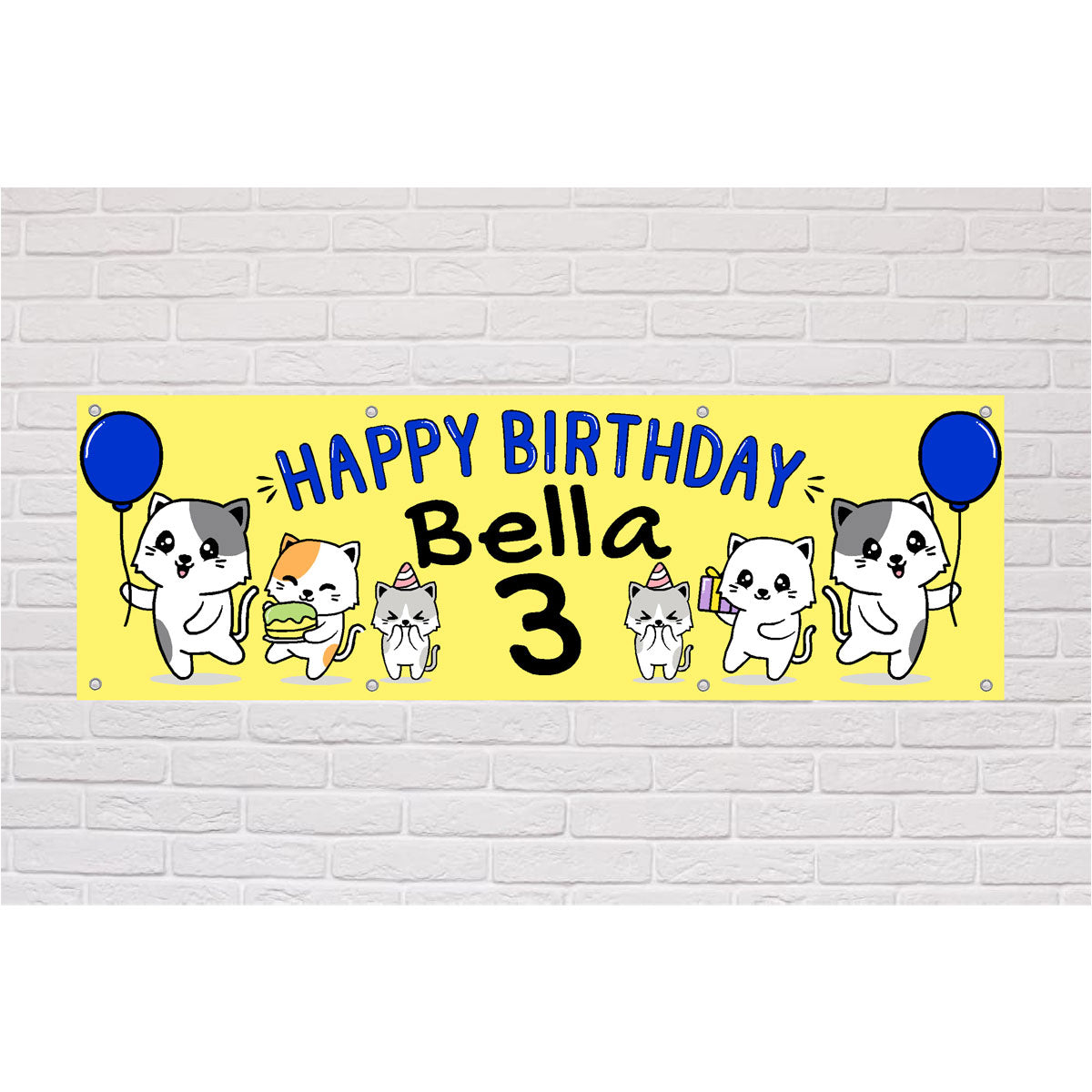 Personalised Happy Birthday Cats Yellow Birthday Banner | The Sign Shed
