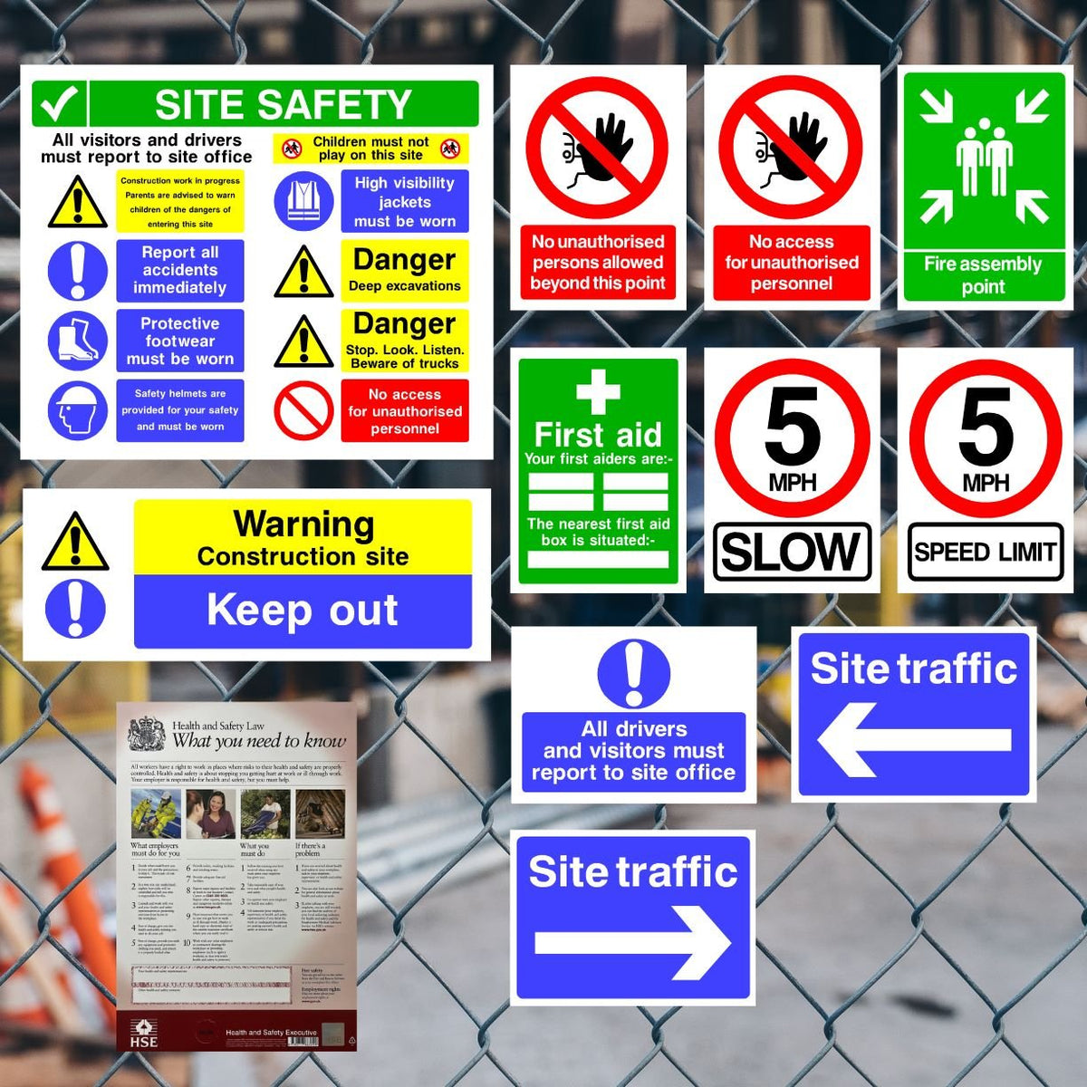 Construction Site Safety Sign Pack J – 11 Signs + Poster