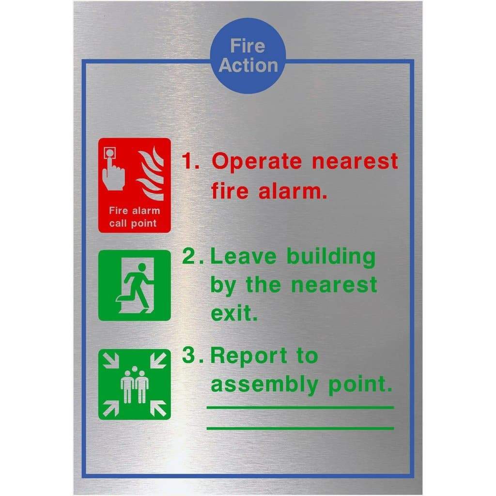 Fire Action 3 Point Sign in Brushed Silver - The Sign Shed