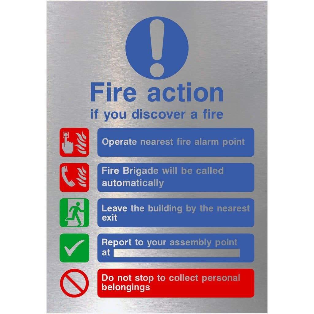 Fire Action 5 Point Sign in Brushed Silver - The Sign Shed