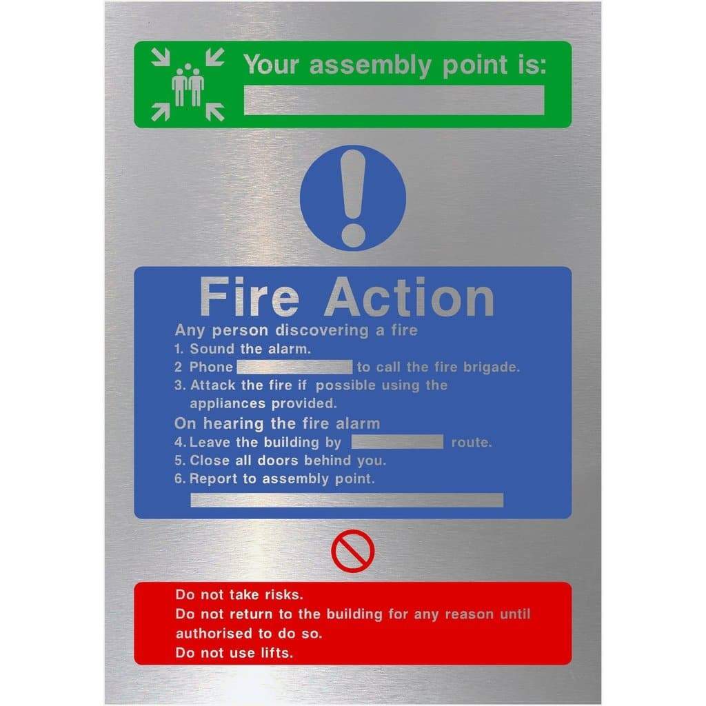 Fire Action And Assembly Point Sign in Brushed Silver - The Sign Shed