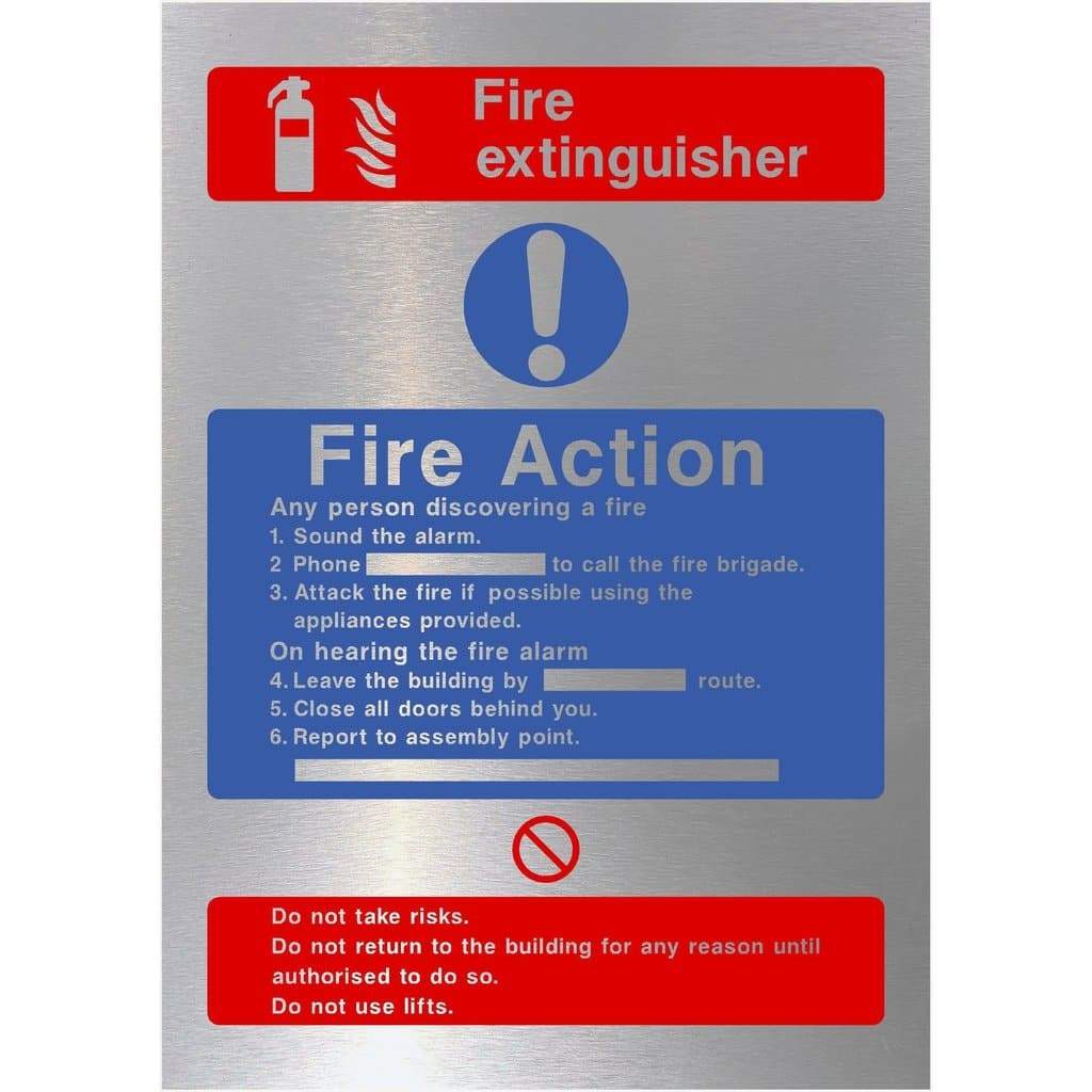 Fire Action Fire Extinguisher Sign in Brushed Silver - The Sign Shed