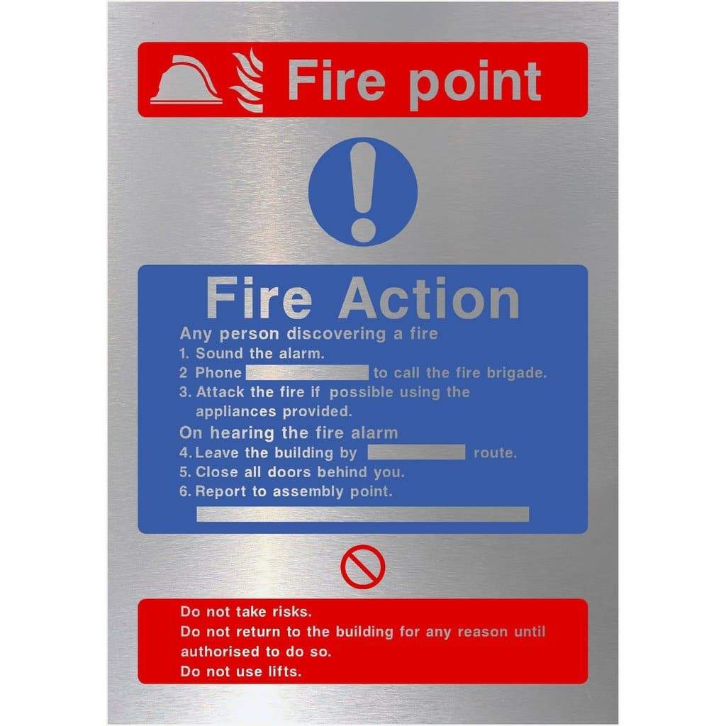Fire Action Fire Point Sign in Brushed Silver - The Sign Shed