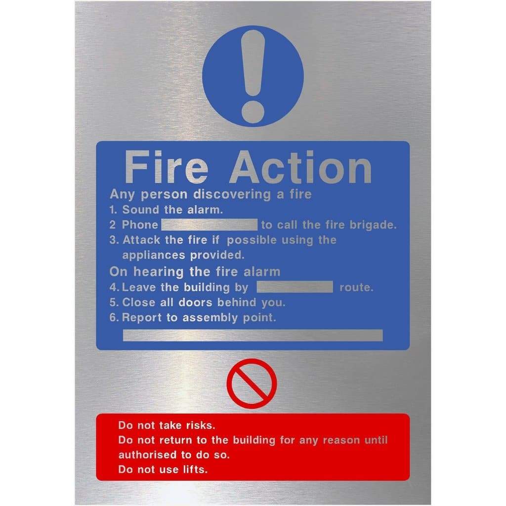 Fire Action Fire Sign in Brushed Silver - The Sign Shed