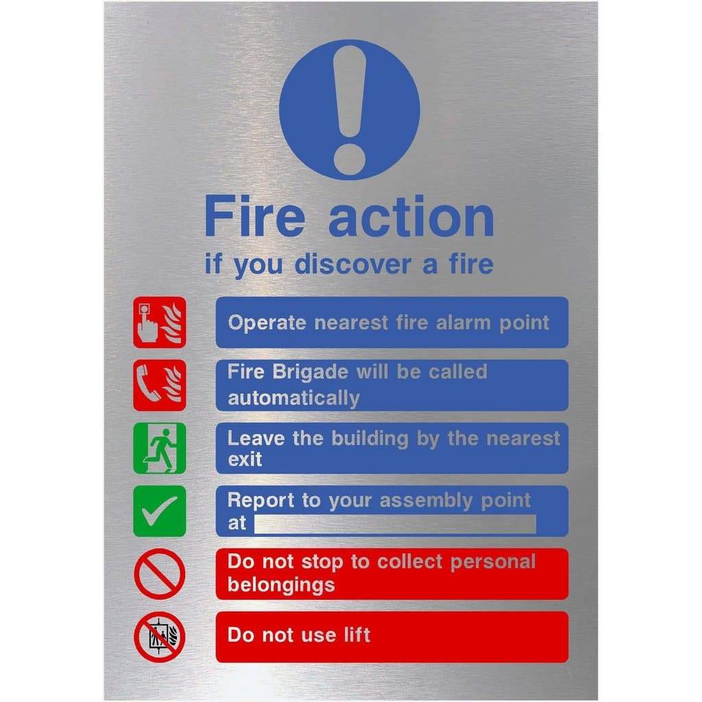 Fire Action If You Discover A Fire 6 Point Sign in Brushed Silver - The Sign Shed