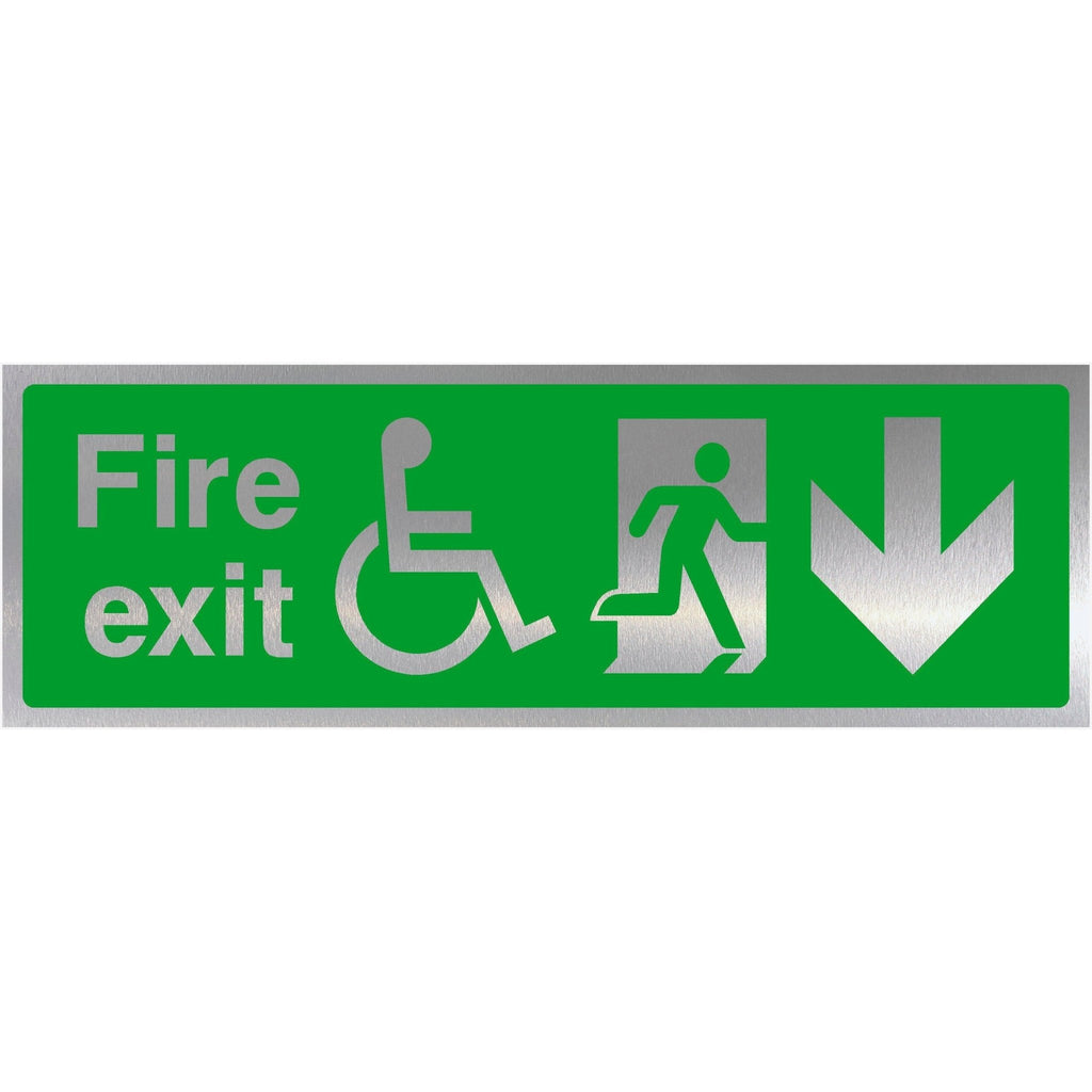 Fire Exit Disabled Down Arrow Brushed Silver Sign - The Sign Shed