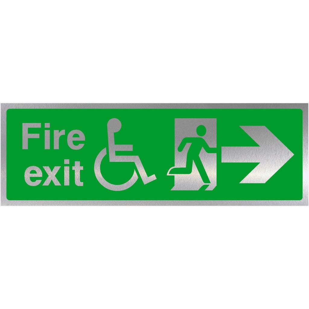 Fire Exit Disabled Right Arrow Brushed Silver Sign - The Sign Shed