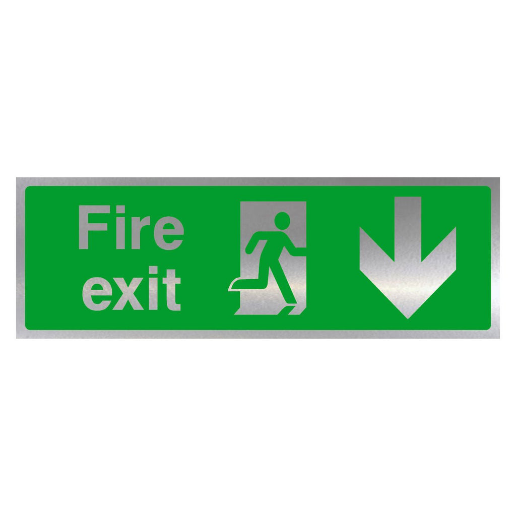 Fire Exit Down Arrow Brushed Silver Sign - The Sign Shed