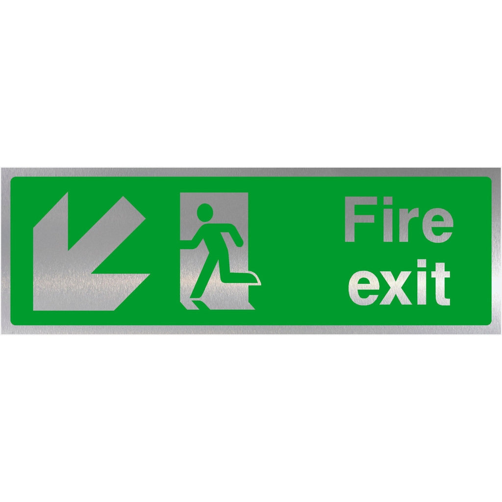 Fire Exit Down Left Arrow Brushed Silver Sign - The Sign Shed