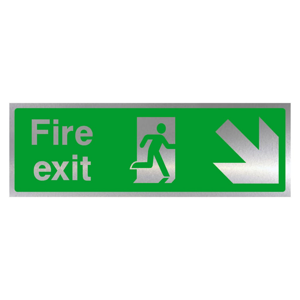 Fire Exit Down Right Arrow Brushed Silver Sign - The Sign Shed