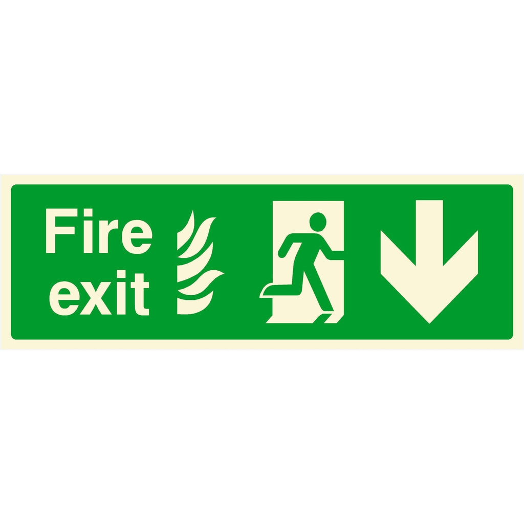 Fire Exit With Flames Sign Down Arrow - The Sign Shed