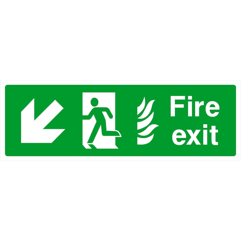 Fire Exit With Flames Sign Left Down Arrow - The Sign Shed