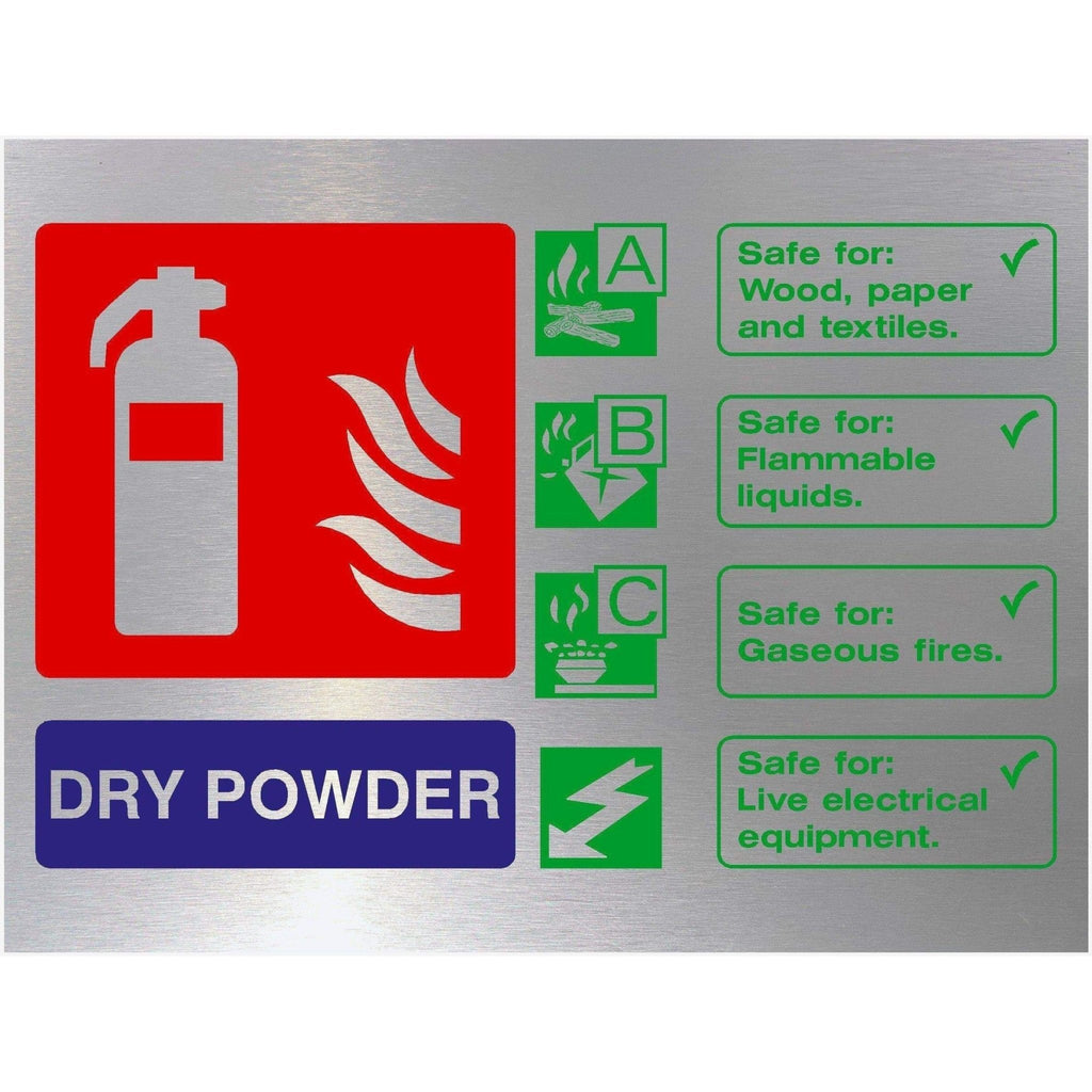 Fire Extinguisher Dry Powder Sign Landscape in Brushed Silver - The Sign Shed